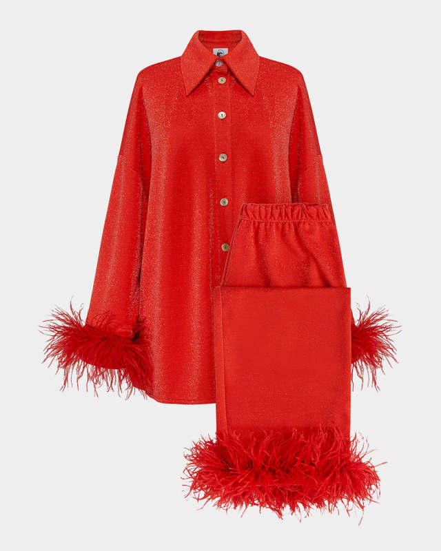 Cosmos Cropped Feather-Trim Metallic Pajama Set